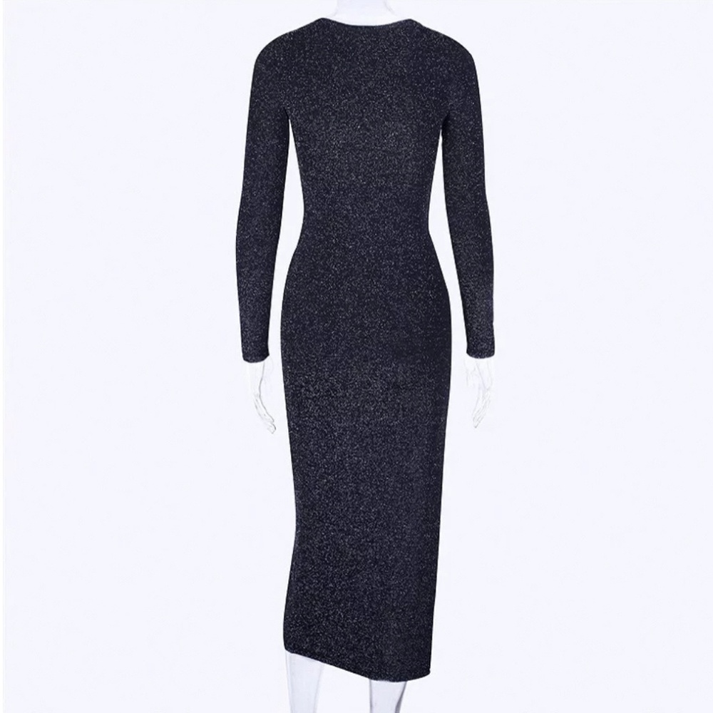 Shiny Black Glitter Bodycon Dress with Side Slit - Picture 6 of 8